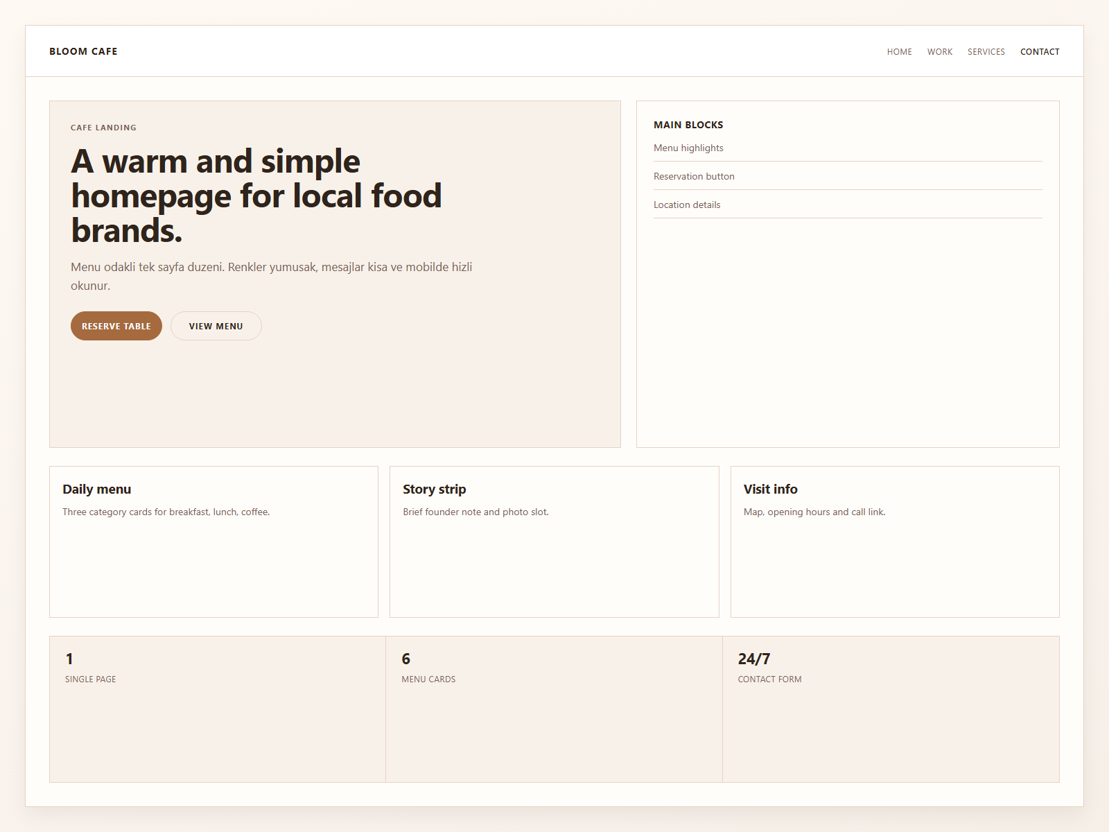 Simple cafe landing page showcase