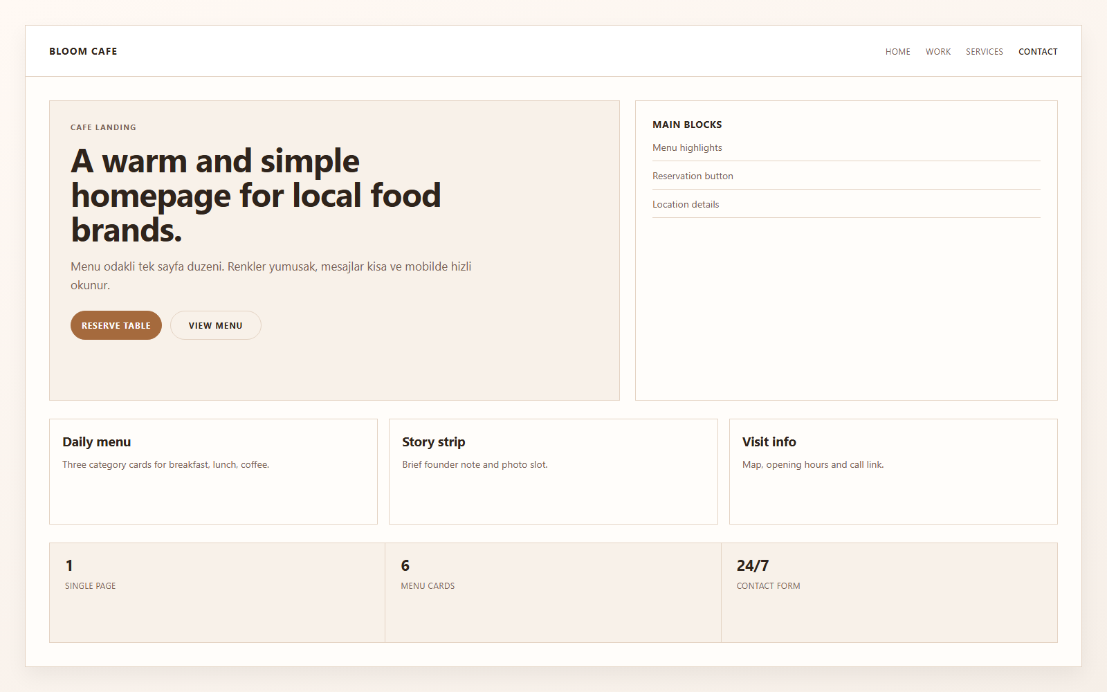 simple cafe landing page preview